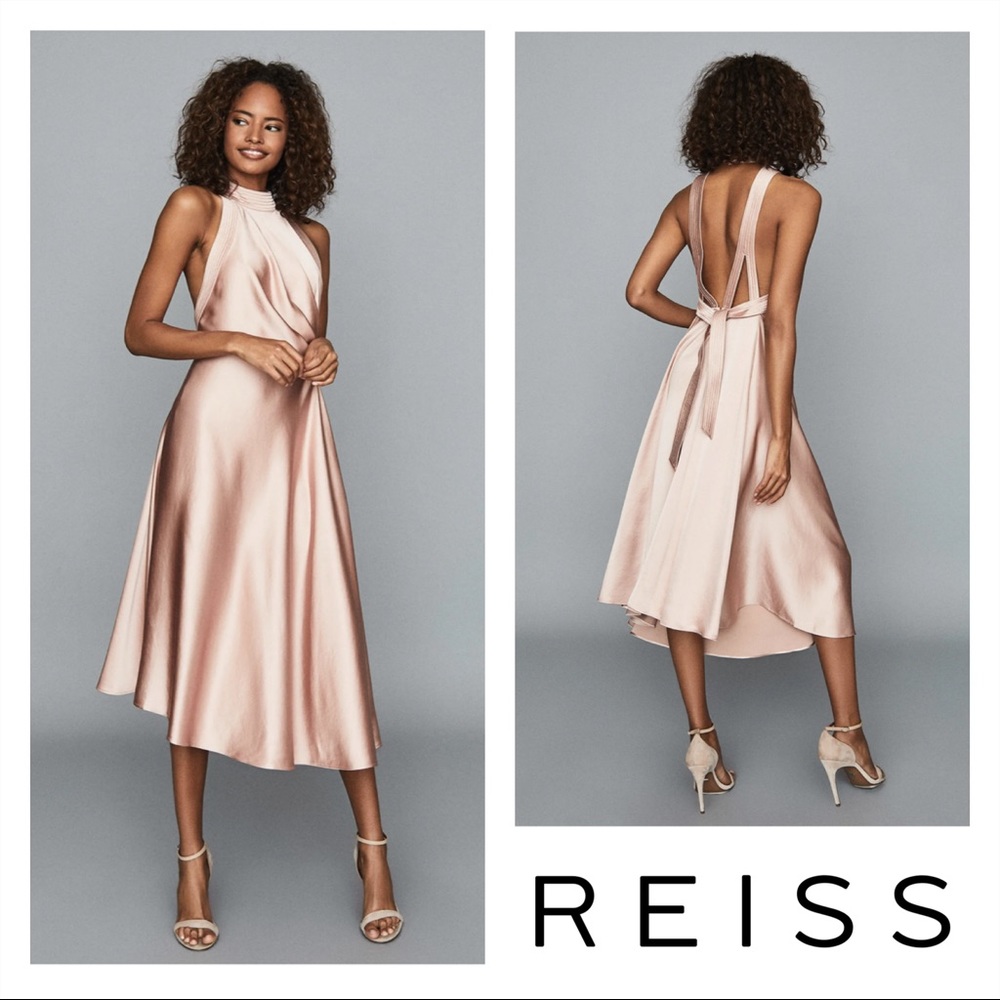 New! REISS Rita Open Back Cut Out Satin Midi Dress